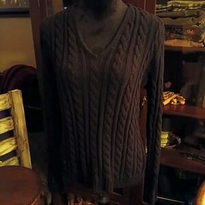 Ralph Lauren Black Cotton Sweater, V Neck Cable Knit, XL